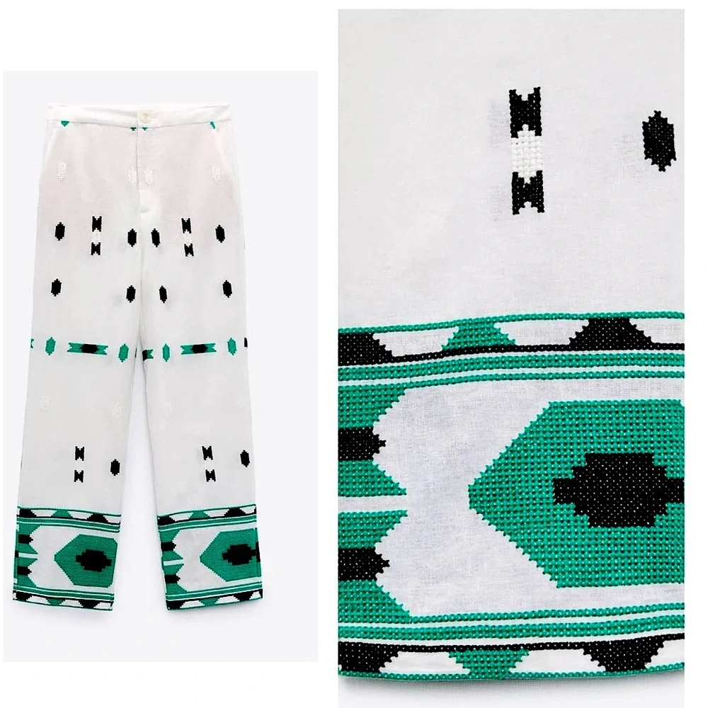 Zara Embroidered High Rise Waist Linen Crop Straight Beige Green Pant Womens M